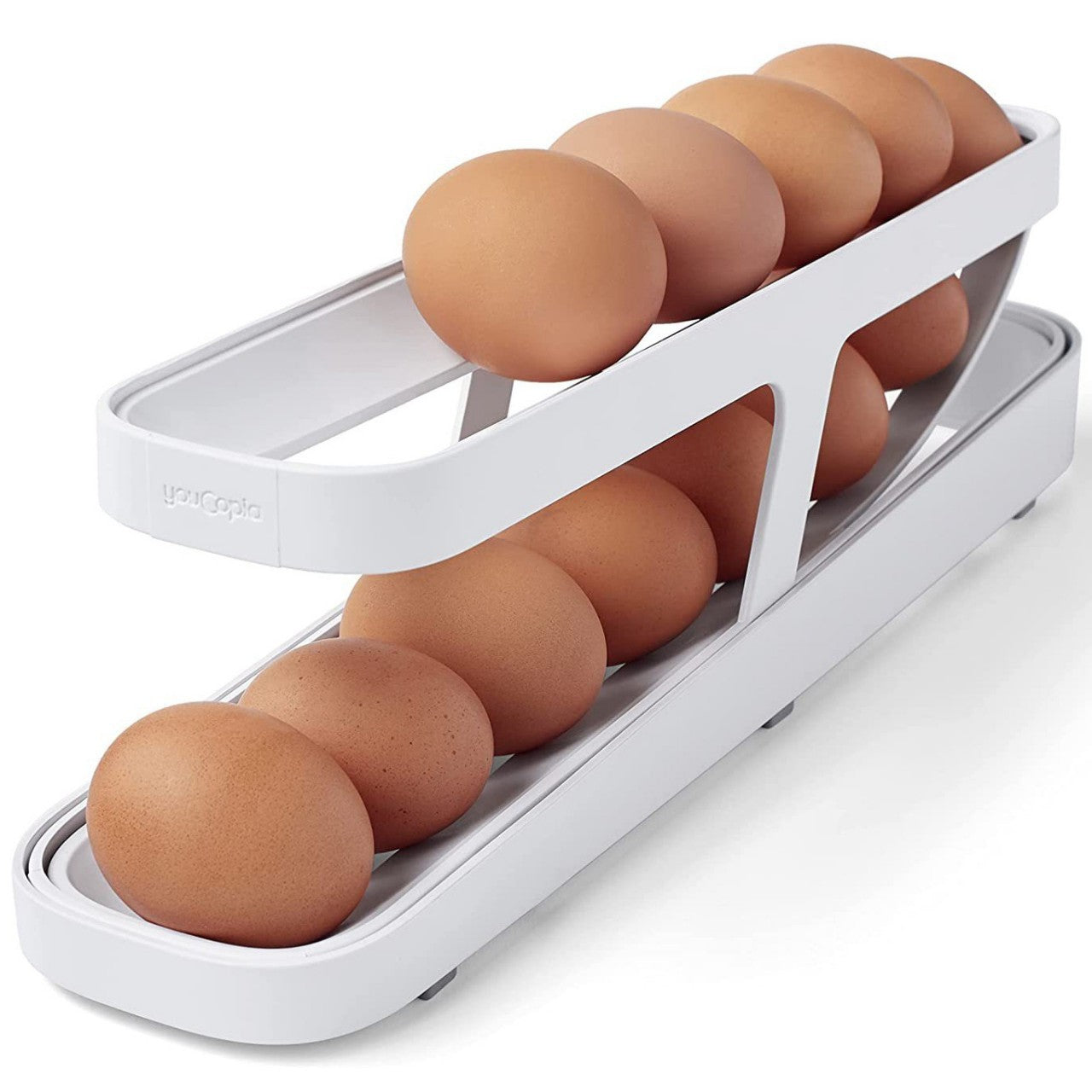 New egg roll-down refrigerator rack
